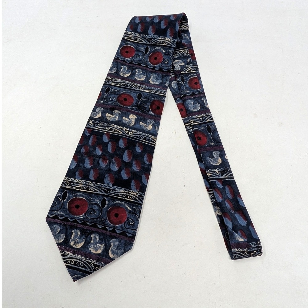 J. Garcia Mens 100% Silk Abstract Geometric Necktie Blue Red Made in USA